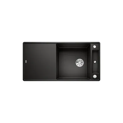 A top-down view of a black kitchen sink with a drain and a sliding cover.