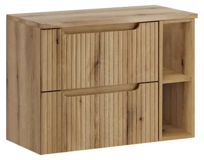 Image de Ensemble VANO chêne clair 80cm : meubles sous vasque à tiroirs avec niches visibles + plan pour vasque + colonne