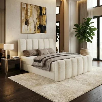 Produktbild von Boxspringbett NOLA 200x200 cm mit Bettkasten inkl. Bonell-Federkernmatratze H3 und Topper – Bouclé-Stoff LAMBI Creme