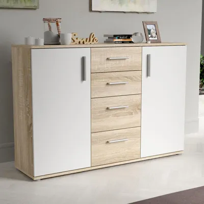 Produktbild von Forte IKOLI Kommode 120, moderne Kommode, 2-türig, 4 Schubladen, Wohn-/Schlafzimmer, Flur, Holzwerkstoff, Weiß mit Sonoma Eiche Holzdekor, 119,6 cm breit x 81,7 cm hoch x 31,4 cm tief
