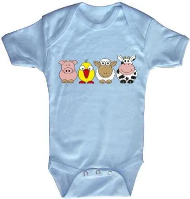 Produktbild von Babystrampler mit Print - Ferkel Vogel Schaf Kuh - 08498 hellblau Gr. 0-24 Monate Größe - 12-18 Monate