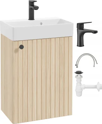Produktbild von Badezimmerschrank mit Waschbecken Eiche Vicenza schwarz Mischbatterie und schwarzem Griff 50x70cm Kiara