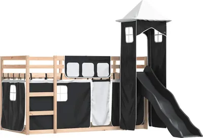 Zdjęcie produktu dla vidaXL Łóżko piętrowe ze zjeżdżalnią i zasłonami biało-czarne 80x200 cm
