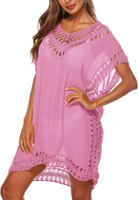 Produktbild von Sommerkleid für Damen, leichtes Material mit V-Ausschnitt und offenem, gehäkeltem Muster, Einheitsgröße