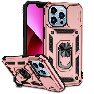 Immagine prodotto di Custodia per iPhone 12 Pro a doppio strato con copertura scorrevole della fotocamera e supporto ad anello Rosa