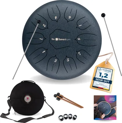 Produktbild von Sonodrum Zungentrommel: C - Dur in Dunkeblau - 30 cm mit 11 Tönen, Steel Tongue Drum inkl. Liederbuch, Schlägel, Fingersticks und Tragetasche