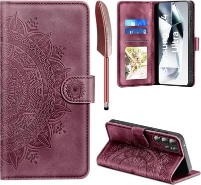 Produktbild von Handyhülle für Samsung Galaxy S24 Ultra - Flip Wallet Tasche mit Standfunktion und Kartenfach - Weinrot