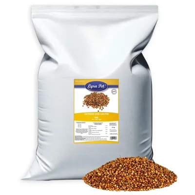 A large white bag of birdseed with a label and a pile of birdseed in front of it.