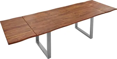 Produktbild von Baumkantentisch 160 (260) x 90 cm Norina, Akazienholz massiv & nougatfarben lackiert, Esszimmertisch inkl. 2 Ansteckplatten, echte Baumkante, Esstisch mit U-Metallgestell in Silber