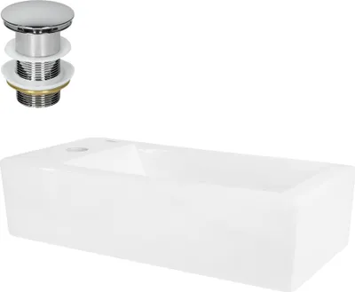 Immagine prodotto di LuxeBath Lavabo da appoggio Square, 51x25x13 cm, bianco, Vetroceramica, foro per rubinetto a sinistra, incl. set di scarico senza troppopieno