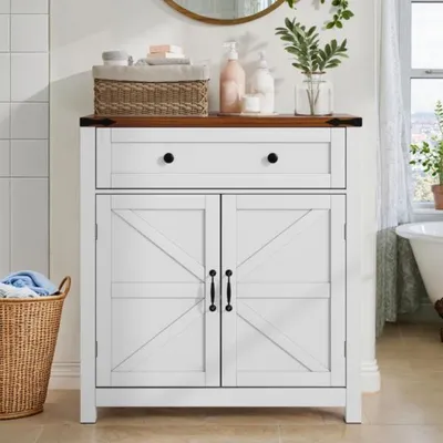 Produktbild von Eckschrank mit Schubladen und verstellbaren Regalen, Küchenschränke mit Walnuss-Arbeitsplatten, Kaffeebar-Konsolenschränke für Küche, Esszimmer, Weiß