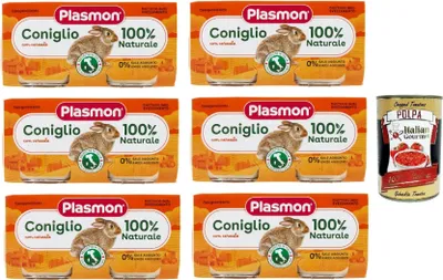 Produktbild von Plasmon Carne Coniglio e cereale 6x (2x80g) Mit italienischem Fleisch, ohne Stärken und Räume hinzugefügt + Italian Gourmet polpa 400g