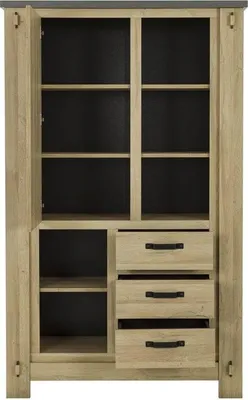 Image de Buffet Haut BROCELIANDE, Finition Chêne Clair, 1 Porte, 3 Tiroirs, 124 x 50 x 202 cm
