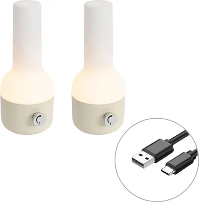 Produktbild von Set mit 2 Outdoor Tischleuchten Beige mit Weiß inkl  wiederaufladbarem LED Haard