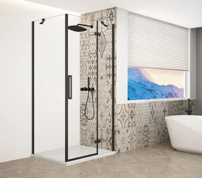 Imagen del producto de TRINITY BLACK: Cabina de ducha rectangular de 1000x900 mm, con vidrio transparente. Modelo para instalación en el lado derecho