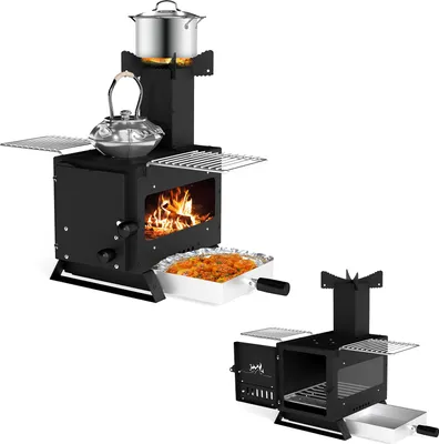 Zdjęcie produktu dla Piec opalany drewnem KOMFOTTEU do stołów, mini piekarnik namiotowy ze stojakiem na garnek, blachą do pieczenia i 2 rusztami do grillowania, piekarnik kempingowy ze szklaną szybą do grillowania, piknik