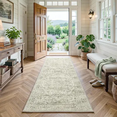 Produktbild von Teppich Läufer Flur Grün 60x180 cm Waschbar Vintage Küchenteppich