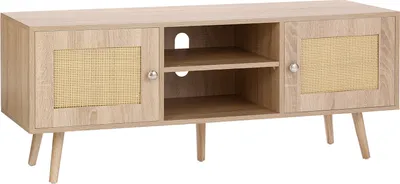 A light wood-tone TV stand with rattan door inserts and metal knobs, shown against a white background.