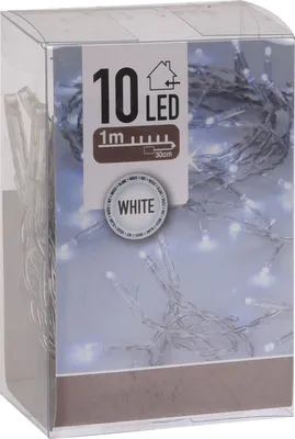 A clear plastic box containing a string of white LED lights.