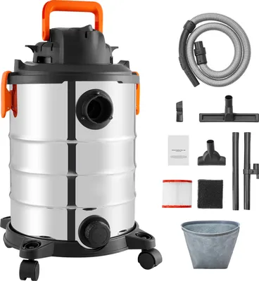 A wet/dry vacuum cleaner and its accessories are displayed against a white background.