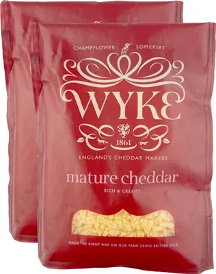 Produktbild von Food-United gereifter YELLOW-CHEDDAR Cheese 2x180g gerieben Stück von WYKE-FARMS mature english cheddar cheese grated 6 Monate gereift englischer Hartkäse passt zu Gratins Pasta Pizza Nachos Gemüse Aufläufe Dips Saucen