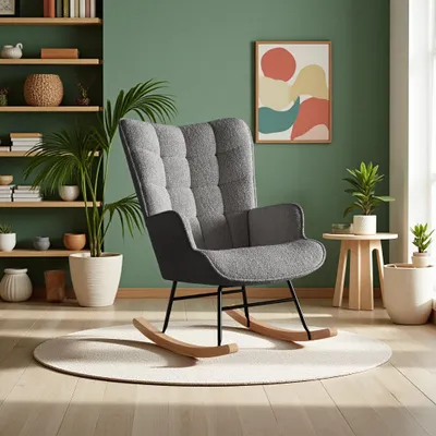 Image de Fauteuil à bascule relax en tissu polaire, fauteuil à bascule avec dossier haut, structure en bois massif et métal, capacité jusqu'à 120 kg, couleur gris foncé