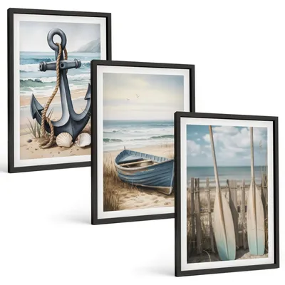 Produktbild von Bilder Set 3-teilig im schwarzen Rahmen – Wandbilder 3 Stück – gerahmte Poster für Wohnzimmer, Schlafzimmer und Flur – 40x60 cm – Anker, Boot, Ruder, Strand