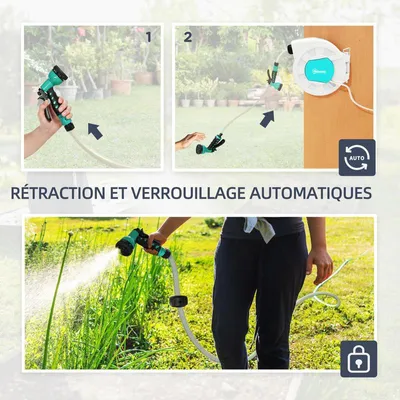 Immagine prodotto di Avvolgitubo da giardino, lunghezza 25 metri, girevole a 180°, dotato di 7 ugelli, da montare a parete, con avvolgimento automatico