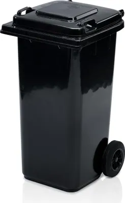 A black wheeled trash bin is shown against a white background.