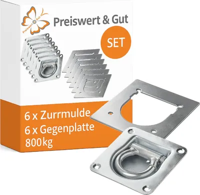 Produktbild von 6x Zurrmulden & 6 x Gegenplatten - Anhänger Zubehör Set für Ladungssicherung – aus verzinktem Stahl, mit Feder, 85x85mm
