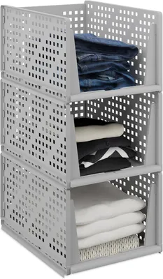 Productafbeelding van Kast organizer - Set van 3 - Stapelbaar kleding opbergsysteem - Uittrekbaar - 24,5x33,5x43,5 cm - Badkamer - Grijs