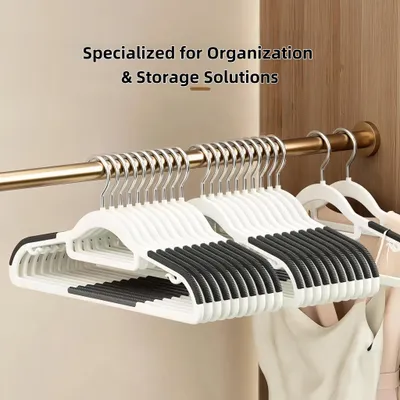 Produktbild von 50 Stück Rutschfeste Kleiderbügel,PP Material, Non-Slip Hooks + Pants Groove,Platzsparend,Krawattenhalter, 360° drehbar,Grau Weiß.