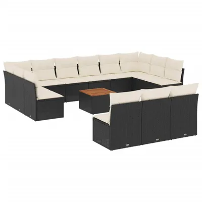 Produktbild von Modulares Garten-Sofa-Set, 14-teilig, mit Stauraum, wasserabweisendem Beutel, Poly Rattan Schwarz, Akazienholz-Tisch, cremeweiße Kissen