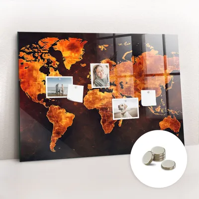 Obrázek produktu pro Magnetická Tabule na Zeď Skleněná - Memo Board Kleněnou Přední Stranou - 5 magnetů v balení - 100x70 cm - Mapa světa