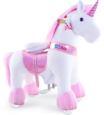 Produktbild von PonyCycle Klassisch Modell U Pinkes Einhorn Reitspielzeug für Kinder – Plüsch-Reittier auf Rädern, mit Bremse & Klang, 76 cm Höhe, Größe 3 (3-4 Jahre), max. 25 kg, Sitzhöhe 48 cm