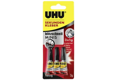 Produktbild von UHU Sekundenkleber blitzschnell Minis 3 g (3 x 1 g), flüssig
