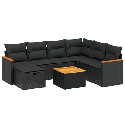 Produktbild von 8-tlg. Garten-Lounge-Set, modular, Schwarz, aus UV-beständigem PE-Rattan & Stahl, mit Akazienholz-Tisch und abnehmbaren, waschbaren Kissen