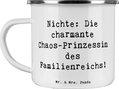 Produktbild von Mr. & Mrs. Panda Emaille Tasse Spruch Nichte Chaos-Prinzessin - Weiß - Geschenk, Prinzessin, Freude, Familienmitglieder, Emailletasse, Familie, Verwandtschaft, Teetasse