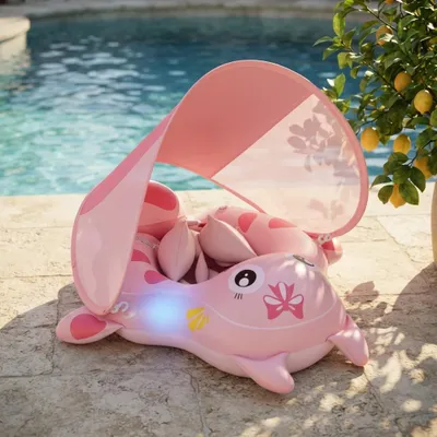 Produktbild von Aufblasbarer Baby-Schwimmsitz mit Sonnendach und Delfin-Design gegen Umkippen, Zwei-Kammer-Auftriebssystem & Sicherheitsgurt für Wasserspaß im Sommer