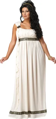 A woman wearing a Greek goddess costume.