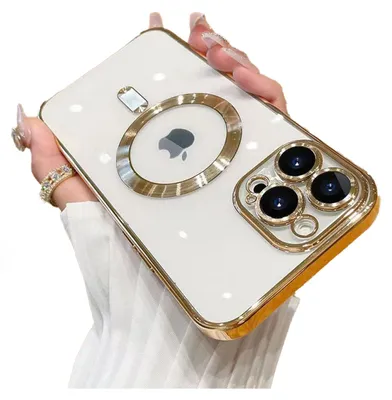 A hand is holding a white iPhone case with gold trim and a gold ring around the Apple logo. The camera module is also trimmed in gold.