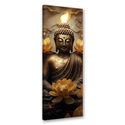Obrázek produktu pro Obraz na plátně Zlatý Buddha a květiny 30x90 Feeby Zlatý obraz na zeď připravený k zavěšení