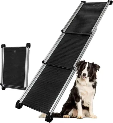 Imagen del producto de Rampa telescópica para perros, ideal para coches, con una longitud de 158 cm, extensible, fabricada en aluminio. Sirve como rampa para perros, escalera para perros, y es adecuada para SUVs. Superficie antideslizante, con una capacidad de carga de 90 kg