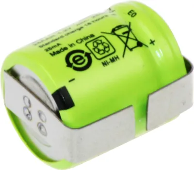 A close-up, angled view of a green rechargeable battery with silver metal contacts and a metal holder.