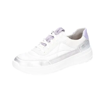 A white sneaker with silver and purple accents is shown against a white background.