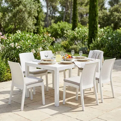 Immagine prodotto di Milani Home - Set Tavolo Fisso In Wicker Cm 150x90 Compreso Di 6 Sedute Colore Bianco - Bianco