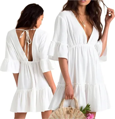 Zdjęcie produktu dla Sukienka na lato przewiewna mini pareo biała rękaw 3/4 plaża boho falbanka