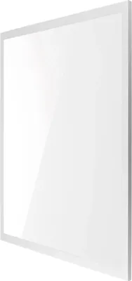 A white LED panel light with a thin gray frame, shown from a diagonal angle.