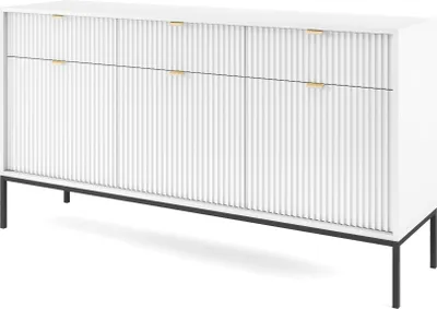 Produktbild von Sideboard 150 cm Galla - Dreitürige Kommode mit Schubladen - Beinen, geriffelten Fronten & goldene Griffe (Weiß + Schwarz)