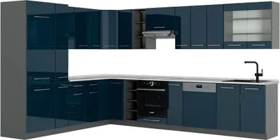 Produktbild von Eckküche Vicco Fame-Line Dunkelblau Hochglanz/Anthrazit 347 x 60 cm , AP Marmor, Model 49750